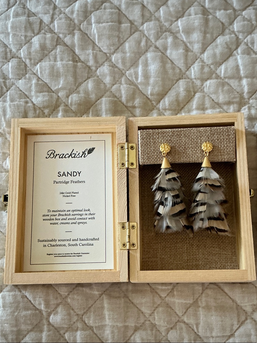 Brackish Sandy Partridge Feather Drop Earrings — Natural/Tan